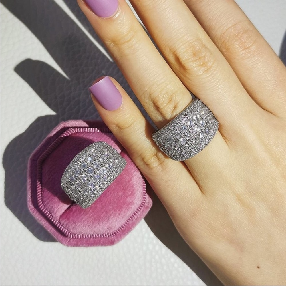 NEW 925 SILVER ROUND DIAMOND PAVE WIDE RING - Picture 3 of 8